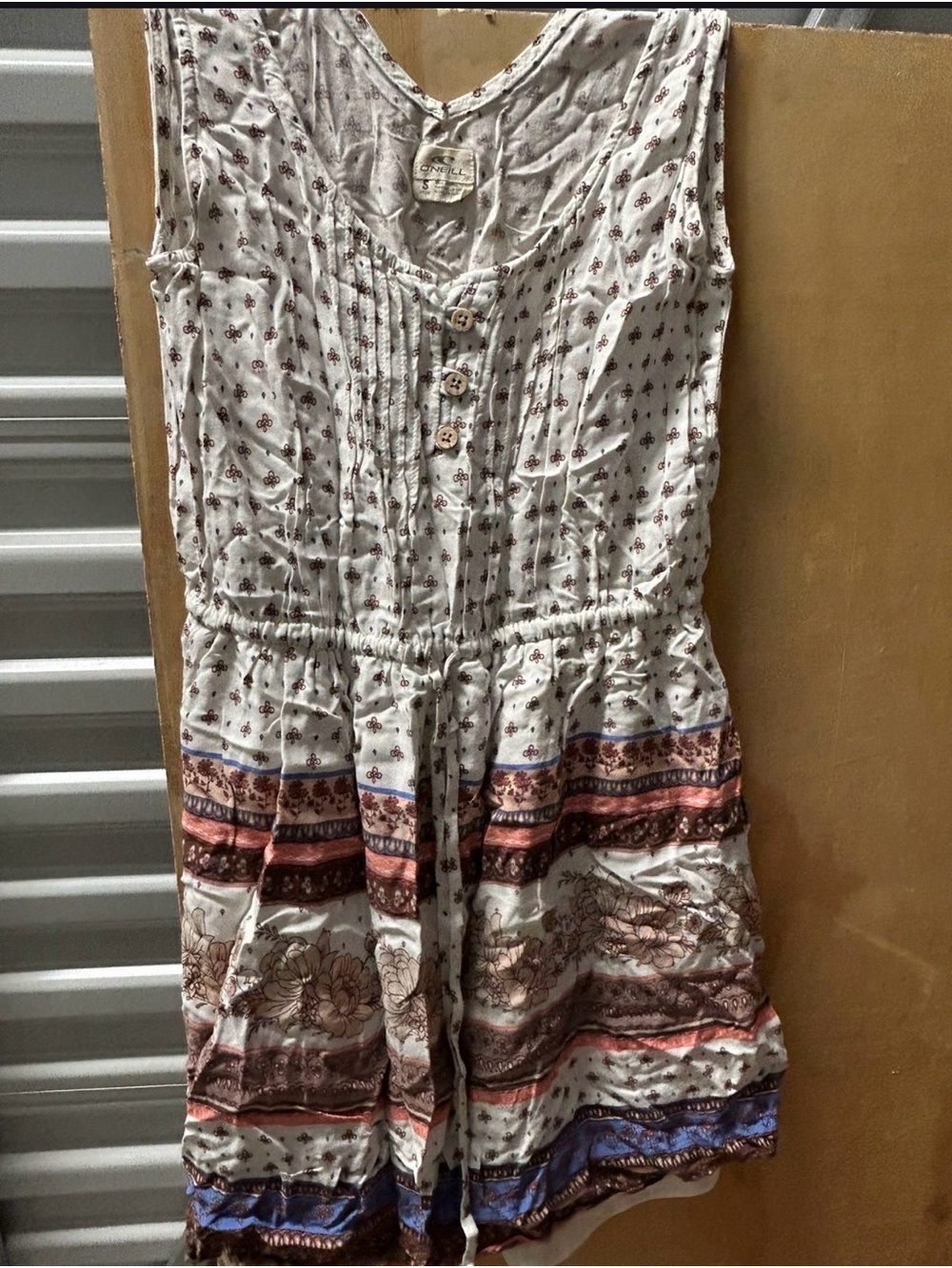 O'Neill Cream Mini Dress with Rust and Blue Border Print